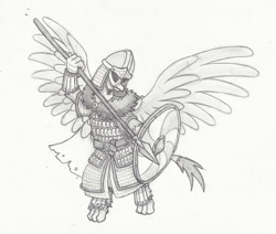 Size: 800x678 | Tagged: safe, artist:sensko, imported from derpibooru, griffon, armor, flying, grayscale, helmet, monochrome, pencil drawing, shield, simple background, sketch, solo, spear, traditional art, viking, viking helmet, weapon, white background