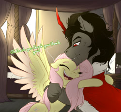 Size: 900x833 | Tagged: safe, artist:evehly, imported from derpibooru, fluttershy, king sombra, pegasus, pony, unicorn, bedroom, bipedal, colored wings, colored wingtips, cute, eyes closed, female, fluffy, hug, male, mare, scar, shipping, shyabetes, smiling, sombrashy, spread wings, stallion, straight, unshorn fetlocks