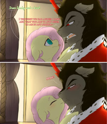 Size: 1000x1156 | Tagged: safe, artist:evehly, imported from derpibooru, fluttershy, king sombra, pegasus, pony, unicorn, :p, :t, annoyed, bed, blushing, boop, cute, eye contact, eyes closed, female, floppy ears, fluffy, glare, grumpy, kissing, male, mare, noseboop, shipping, shyabetes, smiling, sombrashy, stallion, straight, teasing, tongue out