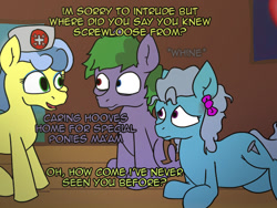 Size: 800x600 | Tagged: safe, artist:unhinged_pony, imported from derpibooru, nurse coldheart, nurse snowheart, screw loose, oc, oc:unhinged, earth pony, pony, frown, heterochromia, male, open mouth, prone, smiling, stallion, wide eyes