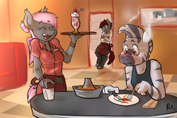 Size: 3000x2000 | Tagged: safe, artist:bluecoffeedog, imported from derpibooru, oc, oc only, oc:chili pepper, oc:shake away, oc:zemba, anthro, bat pony, unguligrade anthro, zebra, anthro oc, apron, blushing, chef, clothes, eyes closed, food, fork, grin, milk, milkshake, open mouth, restaurant, scrunchy face, shakepepper, smiling, spicy, straw, table, volcano, waitress, wavy mouth