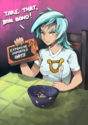 Size: 1000x1414 | Tagged: safe, artist:ponythehorsey, imported from derpibooru, lyra heartstrings, human, slice of life (episode), bon bond, dialogue, expensive imported oats, female, food, humanized, implied bon bon, l.u.l.s., lyra is not amused, oats, pure unfiltered evil, revenge, solo