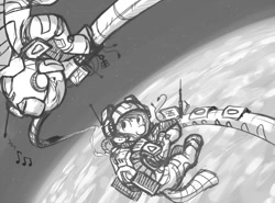 Size: 1000x740 | Tagged: safe, artist:onkelscrut, imported from derpibooru, pony, astronaut, duo, floating, monochrome, planet, space, spacesuit, zero gravity