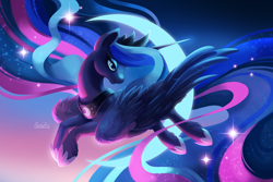 Size: 1200x800 | Tagged: safe, artist:tsaoshin, imported from derpibooru, princess luna, alicorn, color porn, crown, ethereal mane, eyelashes, female, flying, hoof shoes, horn, jewelry, long mane, long tail, looking back, majestic, moon, regalia, signature, smiling, solo, sparkles, stars, unshorn fetlocks, wallpaper, wings