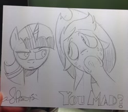 Size: 1024x897 | Tagged: safe, artist:andypriceart, imported from derpibooru, applejack, twilight sparkle, alicorn, pony, female, mare, monochrome, traditional art, twilight sparkle (alicorn), you mad?