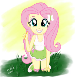 Size: 1360x1388 | Tagged: safe, artist:sumin6301, imported from derpibooru, fluttershy, equestria girls, breasts, cleavage, clothes, female, kneeling, pencil, skirt, smiling, solo, tanktop