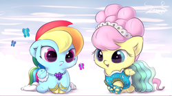 Size: 5685x3190 | Tagged: safe, artist:sverre93, imported from derpibooru, fluttershy, rainbow dash, butterfly, pegasus, pony, absurd resolution, alternate hairstyle, baby, baby pony, cheek fluff, chibi, clothes, cloud, colored pupils, cute, daaaaaaaaaaaw, dashabetes, dress, duo, duo female, ear fluff, featured image, female, floppy ears, fluffy, frown, gala dress, hnnng, lipstick, looking at something, mare, modelshy, open mouth, open smile, shyabetes, sitting, smiling, sverre is trying to murder us, underhoof, weapons-grade cute, wing fluff