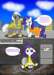 Size: 1918x2637 | Tagged: safe, artist:spellboundcanvas, imported from derpibooru, derpy hooves, rarity, pegasus, pony, ball and chain, clothes, female, flirting, horn cap, magic suppression, mare, prison, prison outfit, punishment, royal guard, shackles