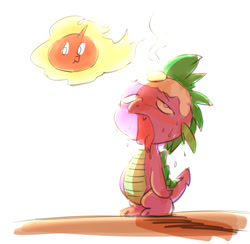 Size: 899x877 | Tagged: safe, artist:audrarius, imported from derpibooru, spike, egg, fried egg, hot, sun, sweat, tongue out