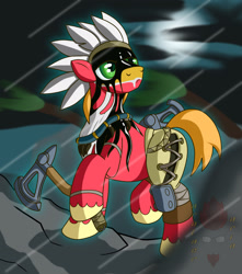 Size: 2053x2321 | Tagged: safe, artist:brother orin, imported from derpibooru, big macintosh, earth pony, pony, chief thunder, crossover, face paint, hatchet, killer instinct, male, native american, solo, stallion, video game