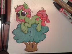 Size: 1024x768 | Tagged: safe, artist:colouredteapot, imported from derpibooru, tree hugger, cute, female, filly, huggerbetes, simple background, solo, traditional art, tree
