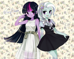 Size: 1255x1000 | Tagged: safe, artist:weiliy, imported from derpibooru, trixie, twilight sparkle, equestria girls, alternate hairstyle, blushing, clothes, dress, duo, female, open mouth, smiling, twilight sparkle (alicorn)