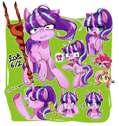 Size: 780x826 | Tagged: safe, artist:katuhira_rinmi, imported from derpibooru, fluttershy, pinkie pie, starlight glimmer, pony, the cutie map, s5 starlight, singing, staff, staff of sameness