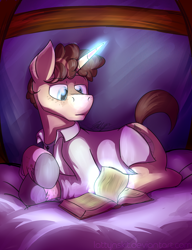 Size: 1544x2015 | Tagged: safe, artist:dripponi, artist:lattynskit, imported from derpibooru, oc, oc only, oc:tic, pony, unicorn, bed, book, reading