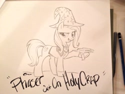 Size: 1280x960 | Tagged: dead source, safe, artist:bmxshark, artist:nicole gauss, imported from derpibooru, trixie, pony, unicorn, alicorn amulet, clothes, cosplay, costume, crossover, female, grin, mare, monochrome, paper, pencil drawing, phaser, photo, smiling, solo, star trek, star trek (tos), suit, traditional art, type ii phaser (tos), uniform, weapon