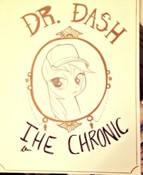 Size: 703x863 | Tagged: safe, artist:bmxshark, artist:nicole gauss, imported from derpibooru, rainbow dash, album cover, dr. dre, female, hat, solo, the chronic, traditional art