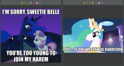 Size: 513x272 | Tagged: safe, imported from derpibooru, princess celestia, princess luna, sweetie belle, derpibooru, exploitable meme, image macro, juxtaposition, juxtaposition win, meme, meta