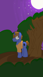 Size: 720x1280 | Tagged: safe, artist:ntheping, imported from derpibooru, oc, oc only, pony, unicorn, :s, frown, get, index get, looking back, male, moon, nervous, night, solo, stallion, tree, wavy mouth, wide eyes