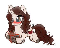 Size: 2500x2000 | Tagged: safe, artist:dari-draws, imported from derpibooru, oc, oc only, pony, unicorn, :o, blushing, book, curved horn, female, fifty shades of grey, freckles, glasses, mare, reading, solo, unshorn fetlocks