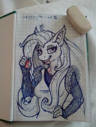 Size: 960x1280 | Tagged: safe, artist:spiggy-the-cat, imported from derpibooru, fluttershy, anthro, apple, female, flutterbat, pen sketch, photo, sketch, solo, traditional art