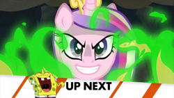 Size: 830x467 | Tagged: safe, edit, imported from derpibooru, screencap, princess cadance, a canterlot wedding, evil, exploitable meme, fire, inappropriate timing spongebob banner, meme