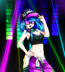 Size: 1280x1422 | Tagged: safe, artist:oma-chi, imported from derpibooru, dj pon-3, vinyl scratch, human, armpits, belly button, breasts, busty vinyl scratch, cleavage, clothes, female, hat, humanized, midriff, nail polish, party, solo, sports bra