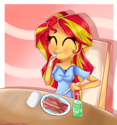 Size: 1400x1500 | Tagged: safe, artist:vixelzf, imported from derpibooru, sunset shimmer, equestria girls, bacon, bacon hair, cute, eating, female, happy, smiling, solo