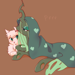 Size: 1200x1200 | Tagged: safe, artist:kkmrarar, imported from derpibooru, queen chrysalis, oc, oc:fluffle puff, changeling, pony, :p, bedroom eyes, blanket, canon x oc, chrysipuff, female, lesbian, licking, lidded eyes, looking at you, mare, prone, shipping, simple background, tongue out