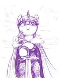 Size: 1500x2000 | Tagged: safe, artist:verulence, imported from derpibooru, twilight sparkle, semi-anthro, unicorn, crossover, eddard stark, female, game of thrones, mare, monochrome, ned stark, solo, sword, twilight sparkle (alicorn), winter is coming