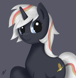 Size: 4206x4327 | Tagged: safe, artist:neighday, imported from derpibooru, oc, oc only, oc:velvet remedy, pony, unicorn, fallout equestria, absurd resolution, fanfic, fanfic art, female, gray background, horn, mare, simple background, smiling, solo