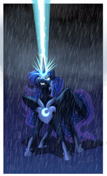 Size: 3300x5400 | Tagged: safe, artist:foxenawolf, imported from derpibooru, princess luna, fanfic:piercing the heavens, armor, epic, fanfic, fanfic art, female, glowing horn, magic, magic blast, rain, solo