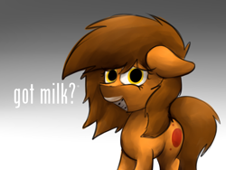 Size: 1280x963 | Tagged: safe, artist:marsminer, imported from derpibooru, oc, oc only, oc:venus spring, pony, unicorn, braces, floppy ears, got milk, gradient background, looking at you, milk moustache, smiling