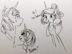 Size: 1280x963 | Tagged: safe, artist:glacierclear, imported from derpibooru, princess cadance, shining armor, twilight sparkle, filly, monochrome, traditional art