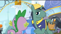 Size: 960x540 | Tagged: safe, imported from derpibooru, screencap, constructicorn, public works pony, spike, dragon, pony, unicorn, princess spike (episode), construction pony, discovery family logo, hooves, stubble, toolbelt