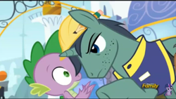 Size: 960x540 | Tagged: safe, imported from derpibooru, screencap, constructicorn, public works pony, spike, dragon, pony, unicorn, princess spike (episode), construction pony, discovery family logo, hard hat, hat, pencil, pointing, stern, stubble