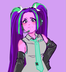 Size: 493x534 | Tagged: safe, artist:rileyav, imported from derpibooru, aria blaze, equestria girls, rainbow rocks, ariatsune miku, blushing, clothes, clothes swap, cosplay, costume, crossover, female, gloves, hatsune miku, long gloves, pigtails, simple background, solo, twintails, vocaloid