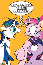 Size: 365x549 | Tagged: safe, artist:andypriceart, edit, idw, imported from derpibooru, princess cadance, shining armor, twilight sparkle, alicorn, pony, unicorn, neigh anything, spoiler:comic, spoiler:comic11, amethyst (steven universe), dishevelled, exploitable meme, female, filly, filly twilight sparkle, foal, image macro, male, meme, necktie, obligatory pony, screaming armor, speech bubble, steven universe, teen princess cadance, teenager, unicorn twilight, younger