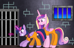 Size: 4320x2804 | Tagged: safe, artist:spellboundcanvas, imported from derpibooru, princess cadance, twilight sparkle, alicorn, pony, clothes, duo, escape, female, magic, mare, prison, prison outfit, prisoner ts, sisters-in-law, twilight sparkle (alicorn)