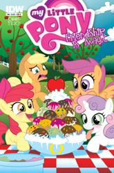 Size: 593x900 | Tagged: safe, artist:marybellamy, idw, imported from derpibooru, apple bloom, applejack, scootaloo, sweetie belle, earth pony, pegasus, pony, unicorn, apple, blushing, comic cover, cover, cutie mark crusaders, ice cream, terrified, tongue out