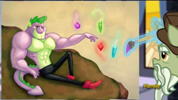 Size: 1920x1080 | Tagged: safe, imported from derpibooru, screencap, leonardo da brinci, spike, princess spike (episode), bare chest, beefspike, by order of the princess, clothes, creation, gem, muscles, painting, semi-religious, sistine chapel, the creation of adam, topless