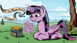 Size: 714x402 | Tagged: safe, artist:thethunderpony, imported from derpibooru, twilight sparkle, alicorn, pony, banner, book, female, mare, outdoors, patreon, reading, smiling, solo, twilight sparkle (alicorn)