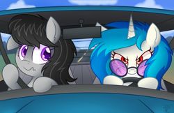 Size: 5100x3300 | Tagged: safe, artist:php92, imported from derpibooru, dj pon-3, octavia melody, vinyl scratch, earth pony, pony, unicorn, car, driving, evil grin, grin, one ear down, red eyes, smiling, wavy mouth, wrong eye color