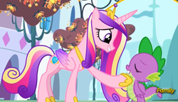 Size: 1757x1003 | Tagged: safe, edit, edited screencap, imported from derpibooru, screencap, princess cadance, spike, princess spike (episode), crown, discovery family logo, duo, eyes closed, female, jewelry, love, male, regalia, shipping, smiling, spikedance, spikelove, straight