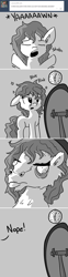 Size: 726x2921 | Tagged: safe, artist:tjpones, imported from derpibooru, oc, oc only, oc:brownie bun, horse wife, ask, bed mane, clock, hoers, mirror, monochrome, morning ponies, onomatopoeia, sleepy, solo, tumblr, yawn