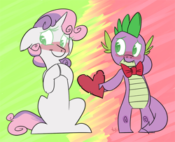 Size: 1000x811 | Tagged: safe, artist:mrtomfox, imported from derpibooru, spike, sweetie belle, blushing, bowtie, female, male, shipping, spikebelle, straight