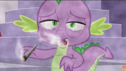 Size: 1920x1080 | Tagged: safe, edit, edited screencap, editor:yoshimon1, imported from derpibooru, screencap, spike, princess spike (episode), bloodshot eyes, drugs, joint, marijuana, smoke, smoke weed erryday, smoke weed everyday, stoner spike