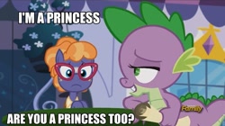 Size: 960x539 | Tagged: safe, edit, imported from derpibooru, screencap, frazzle rock, spike, princess spike (episode), bedroom eyes, broken glasses, eyelashes, frown, glasses, grin, i'm a princess are you a princess too?, image macro, meme, not gay, roflbot, smiling