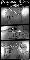 Size: 1494x3000 | Tagged: safe, artist:blindcoyote, imported from derpibooru, princess luna, coffee, comic, monochrome, morning ponies, royal guard