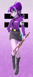 Size: 610x1400 | Tagged: safe, artist:ta-na, imported from derpibooru, starlight glimmer, equestria girls, the cutie map, armband, bedroom eyes, boots, clothes, cutie mark, equal cutie mark, equestria girls-ified, female, grin, hand on hip, looking at you, miniskirt, name tag, necktie, ponytail, purple, s5 starlight, shirt, skirt, smiling, solo, staff, staff of sameness, starlight himmler