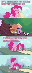 Size: 1280x2880 | Tagged: safe, imported from derpibooru, pinkie pie, spike, twilight sparkle, alicorn, pony, pinkie apple pie, caption, female, golden oaks library, mare, meme, pink text, pinkie being pinkie, scroll, shocked, twilight sparkle (alicorn)